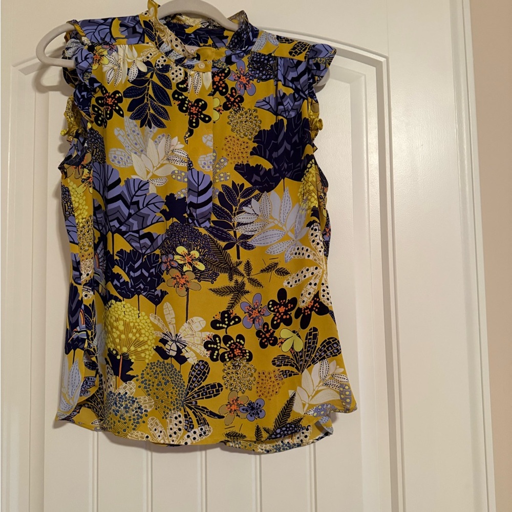 LOFT Yellow and Blue Floral Ruffle Blouse